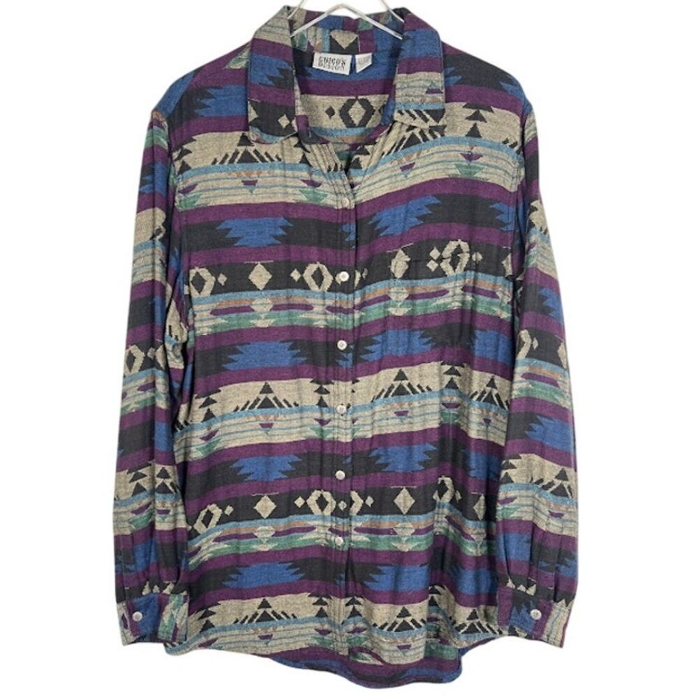 Chico's Design Women's Aztec Print Button Down Shirt Jacket 3 US L Long Sleeve